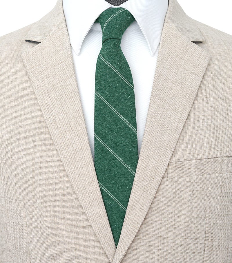 BELLUNO 2.5 inch Skinny Tie for Men, Cotton Linen Slim Neckties Green Stripe - Image 2